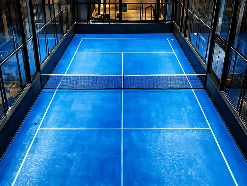 Indoor blue padel court showcasing standard layout and net used in official padel matches, ideal for explaining what is padel.